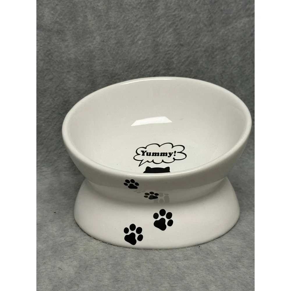 Unbranded Elevated Ceramic Pet Bowl‎ White Tilted Cat Feeder Paw Prints Yummy